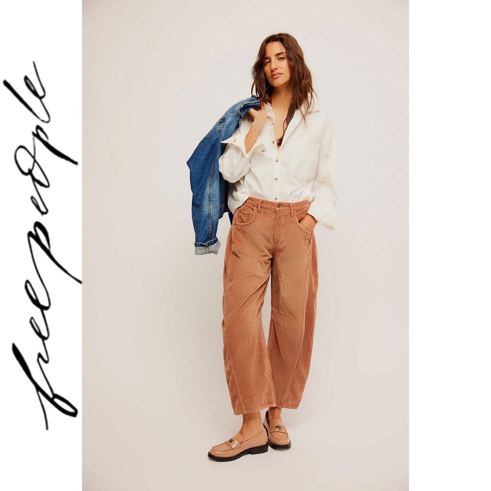 Free People Good Luck Mid Rise Barrel Corduroy Jeans Brown 28 NWOT